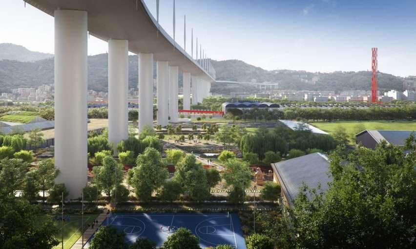 Elevated walkway design under the Renzo Piano Bridge in Italy