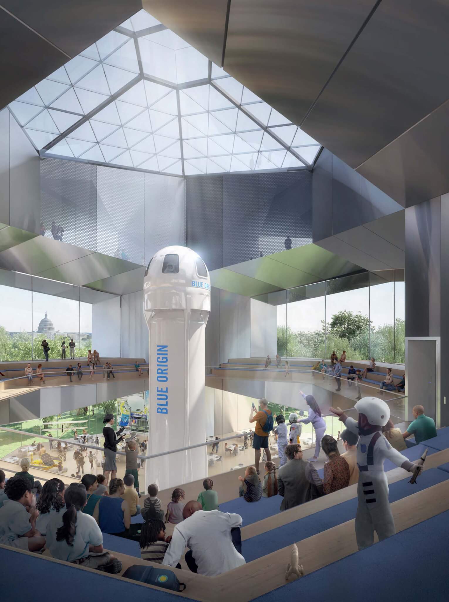 rocketship in atriujm of bezos learning center