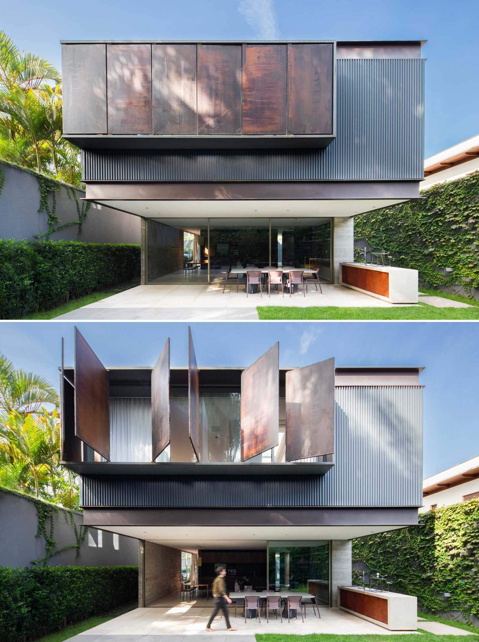 This modern home featured large metal shutters that provide privacy, shade, and help with ventilation.