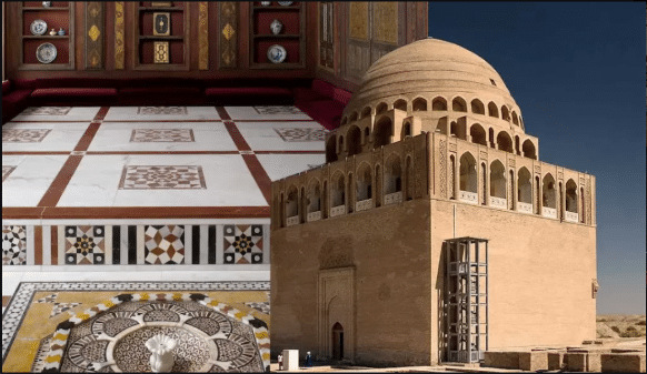 "نموذج معماري يظهر تصميمًا داخليًا تقليديًا مع زخارف جدارية وأرضيات فسيفسائية تبرز الجمالية التاريخية"