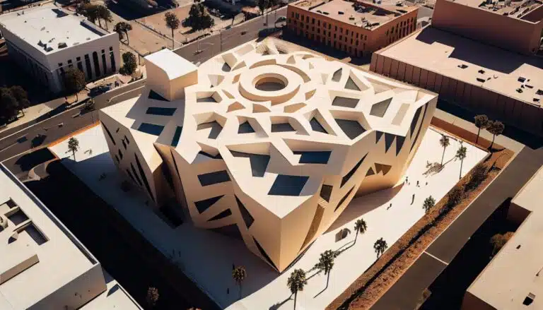 "Modern architectural design showcasing a building with intricate geometric surfaces and detailed interior elements highlighting the beauty of interior design"