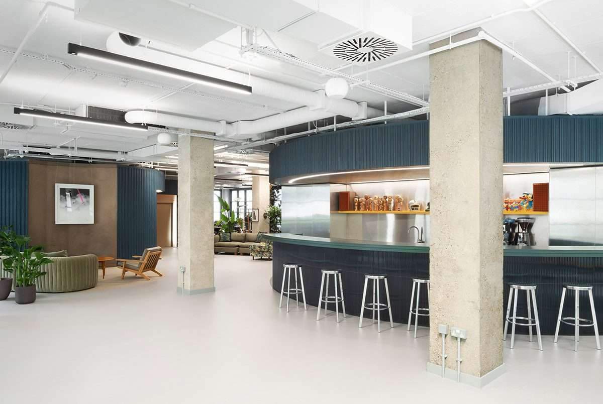 Office interior designs with carved colored cylinders