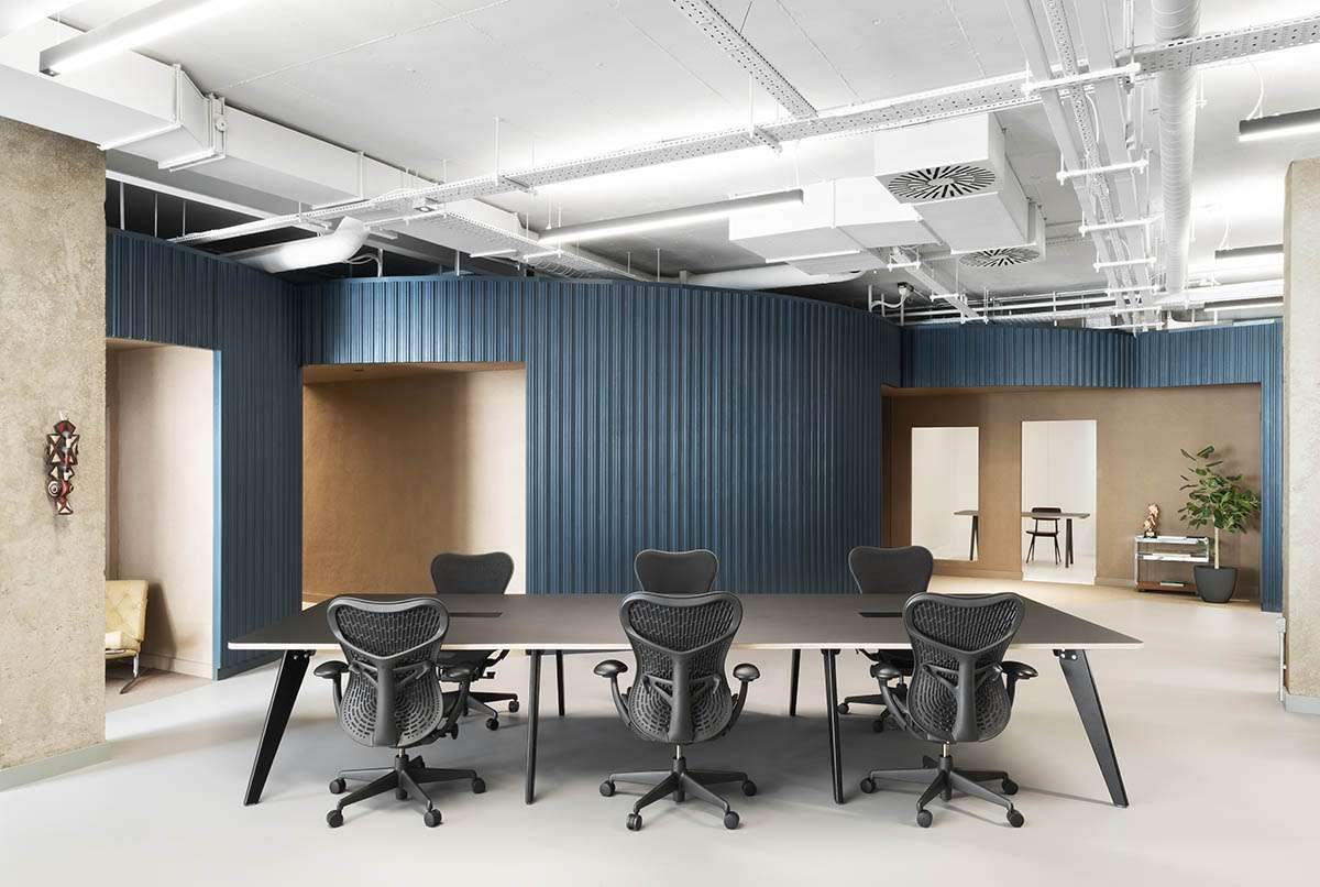 Office interior designs with carved colored cylinders