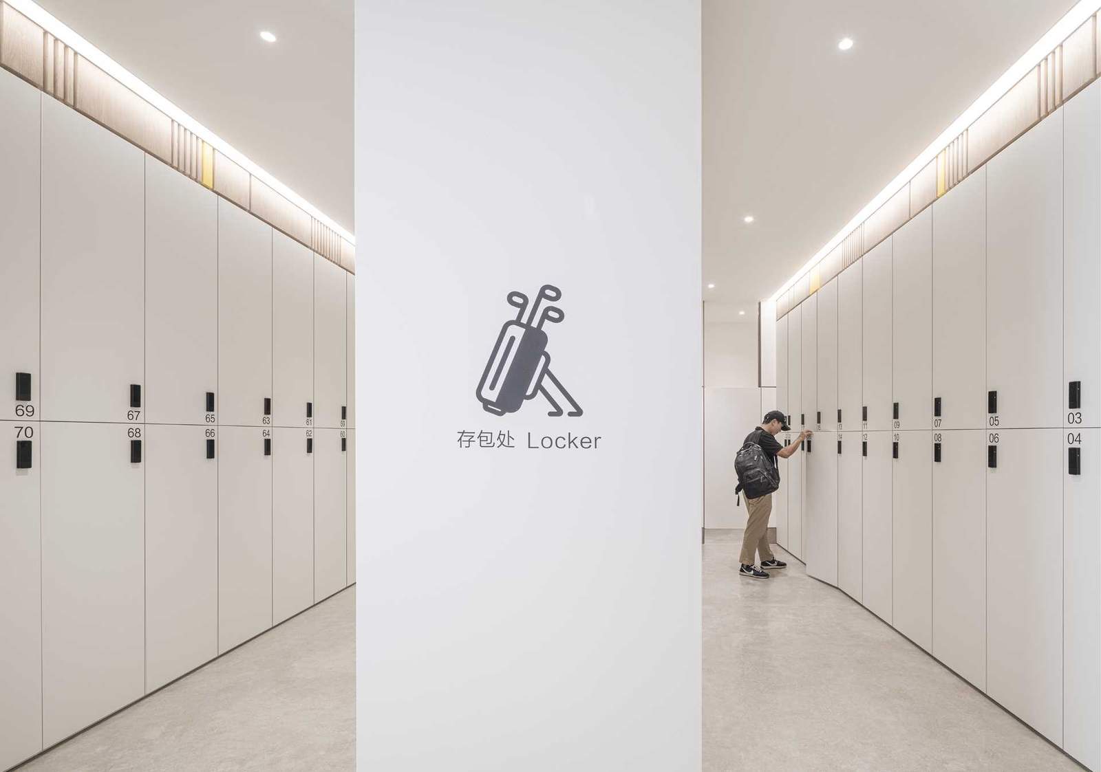 A minimalist white locker room.