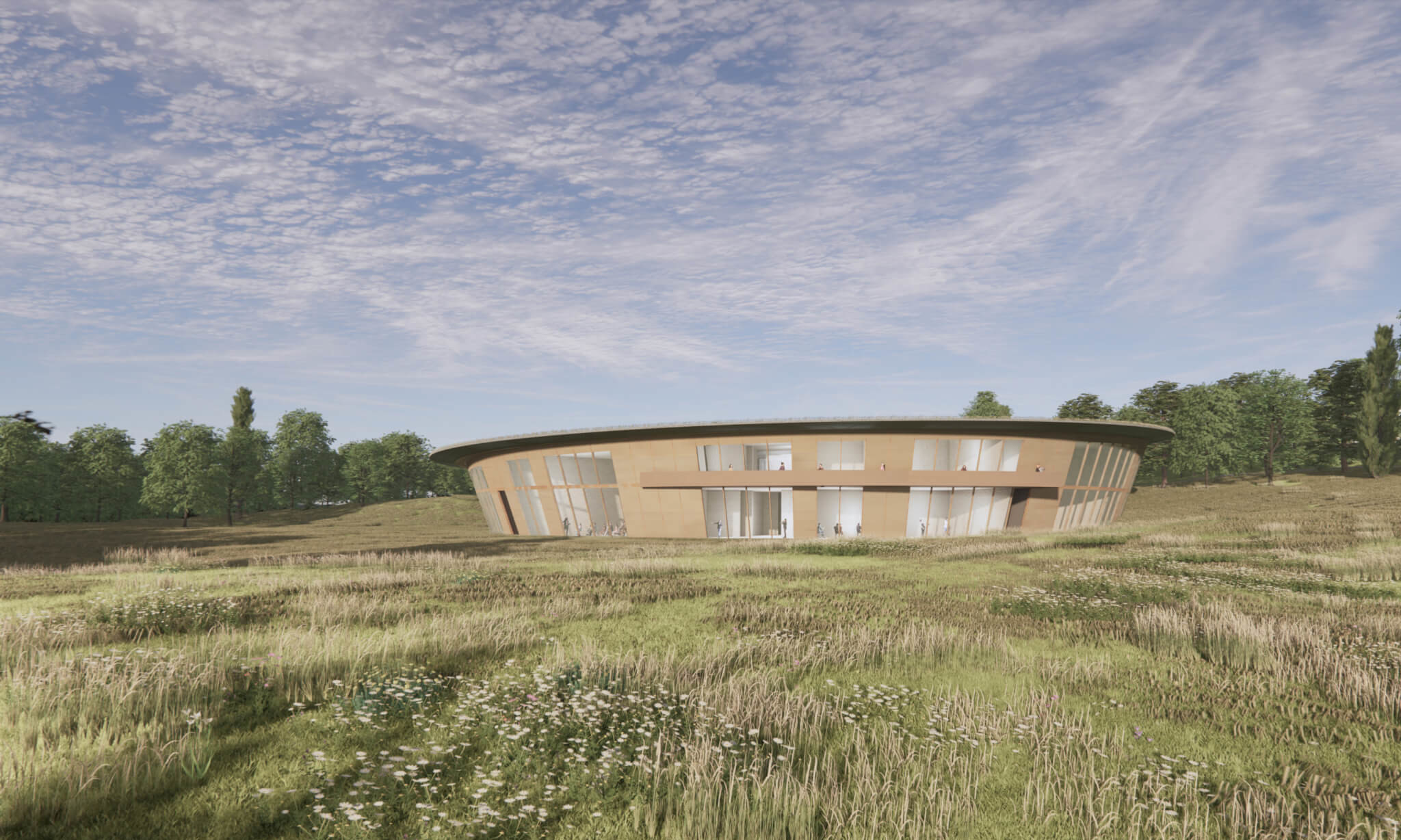 rendering of a circular building in a meadow