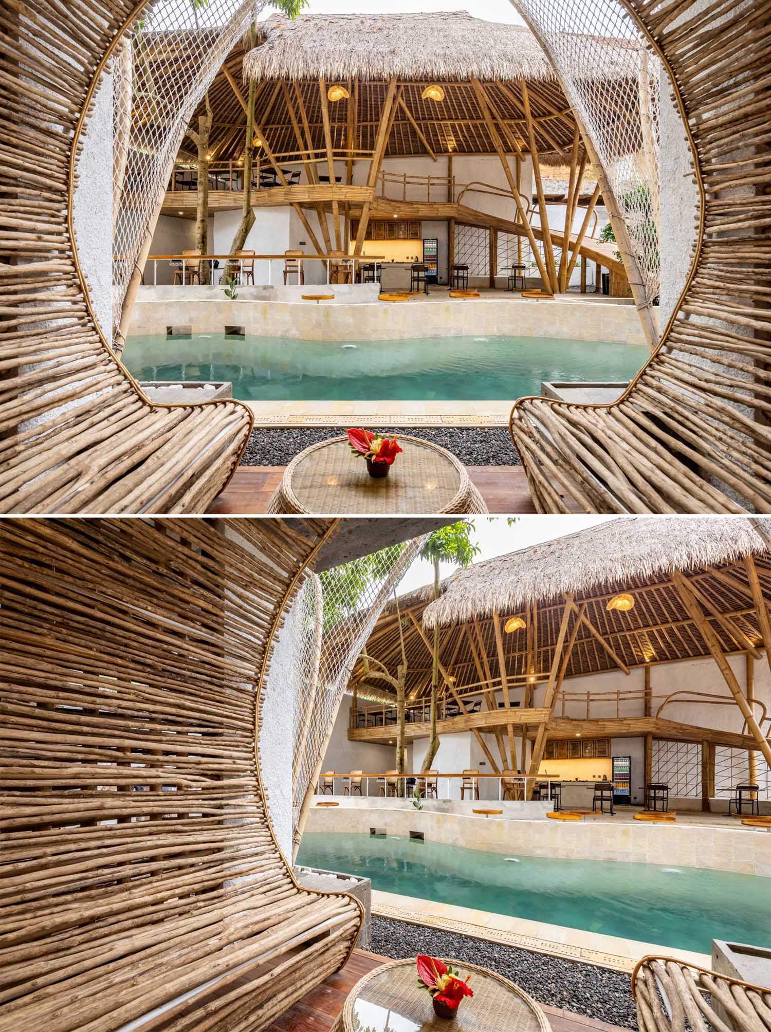 Built-in lounge seats made from coffee branches have been used to furnish the balcony on this micro-apartment.