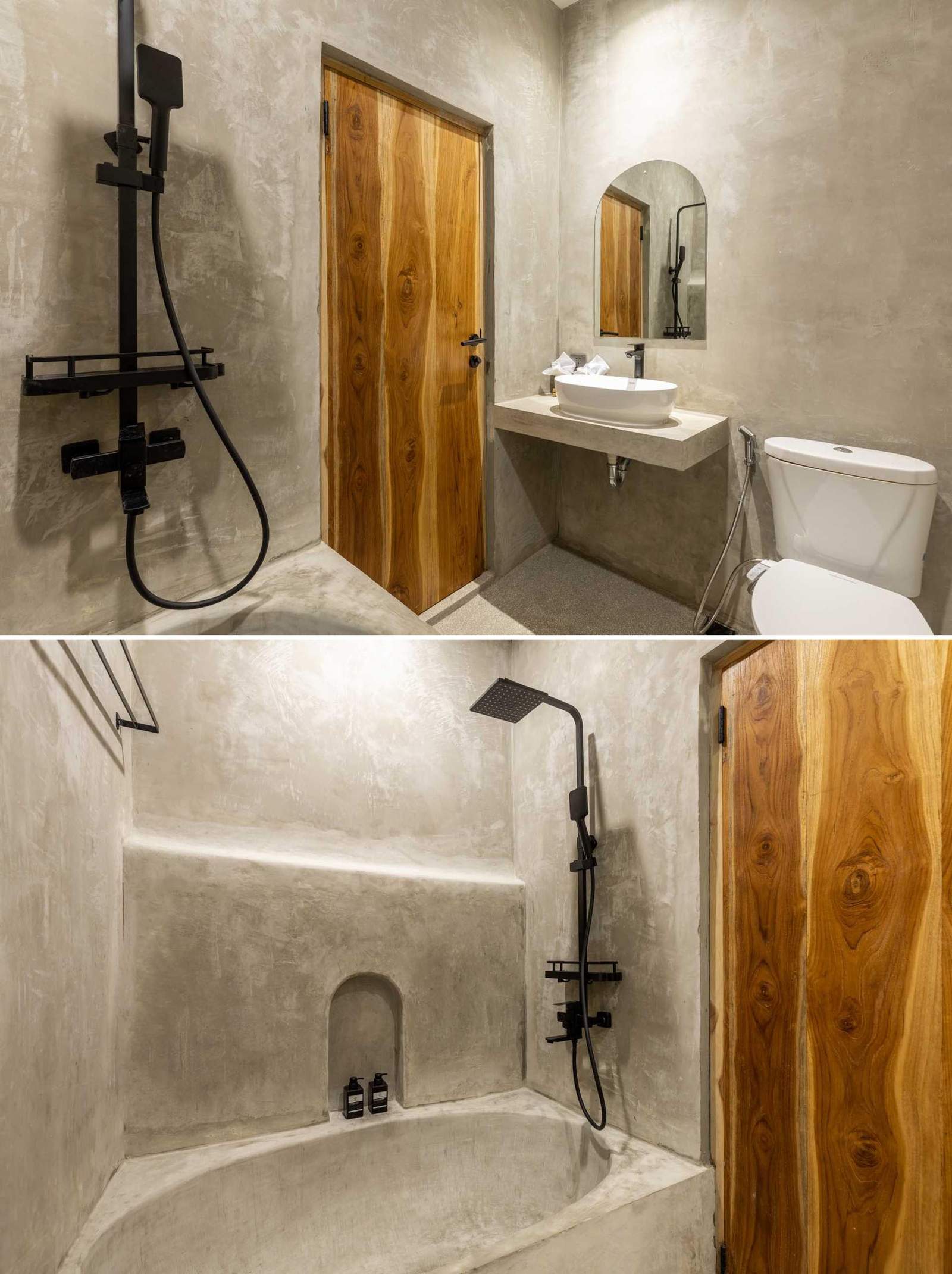 A neutral bathroom with a natural wood door and a built-in bathtub.