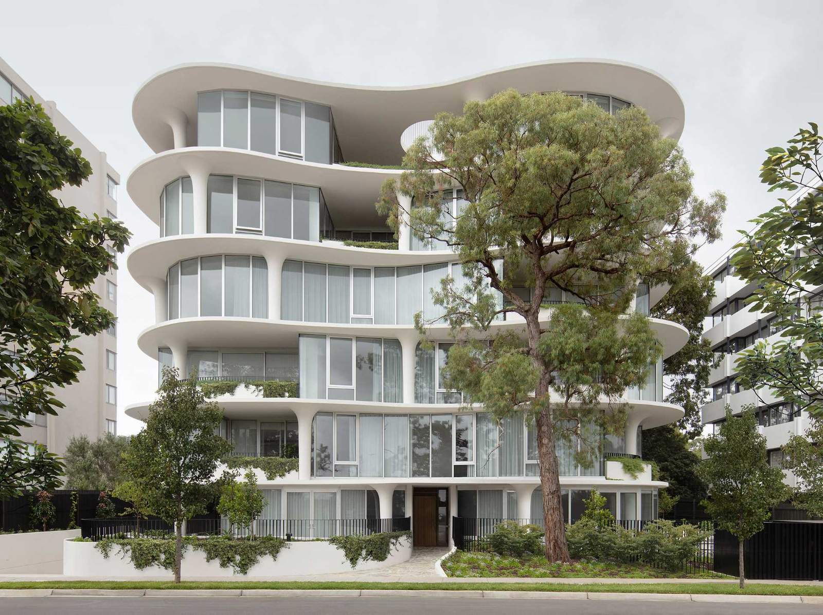 A modern building with an organic shape, also includes fluted columns.