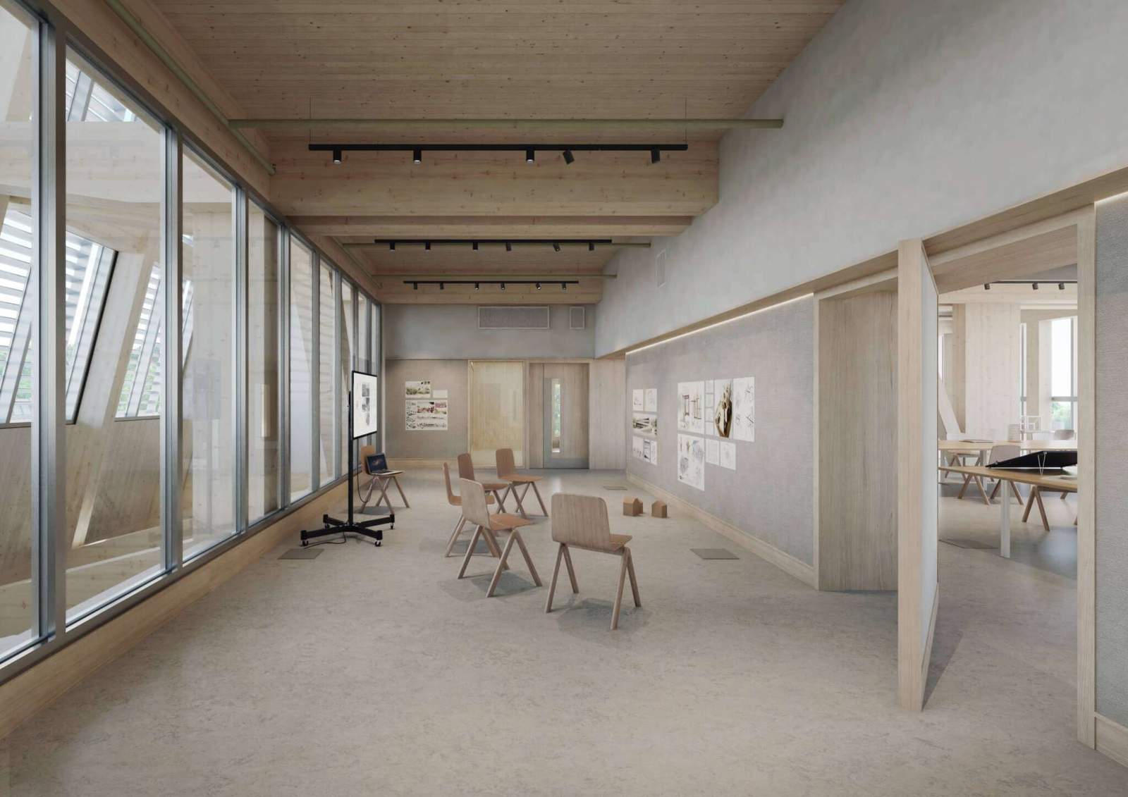 Interior rendering of a mass timber classroom space