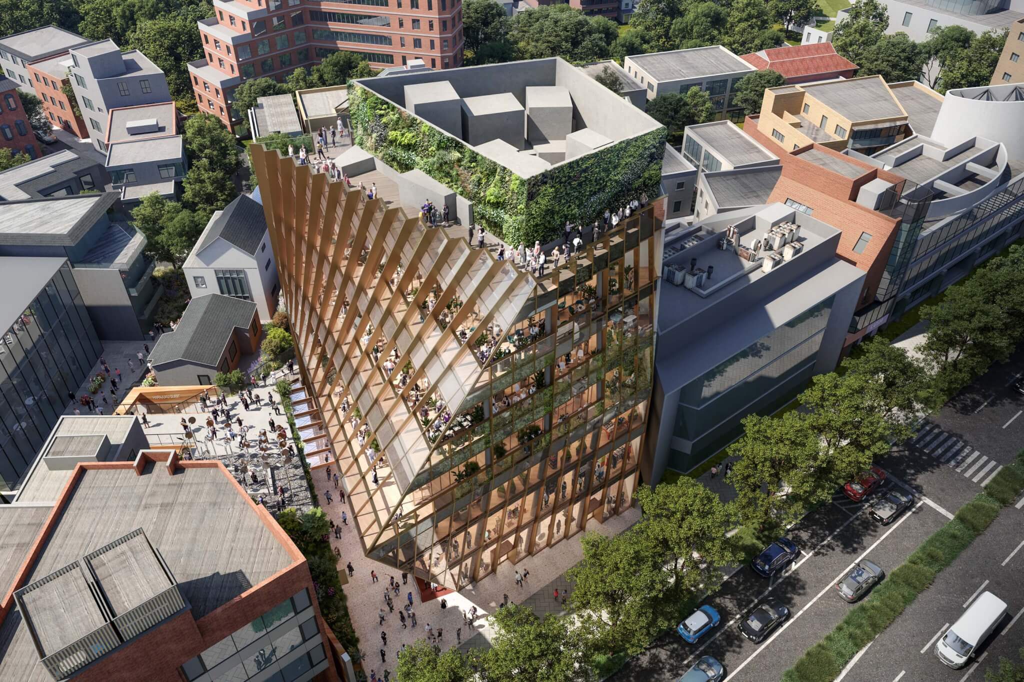 rendering view from top of angled facade