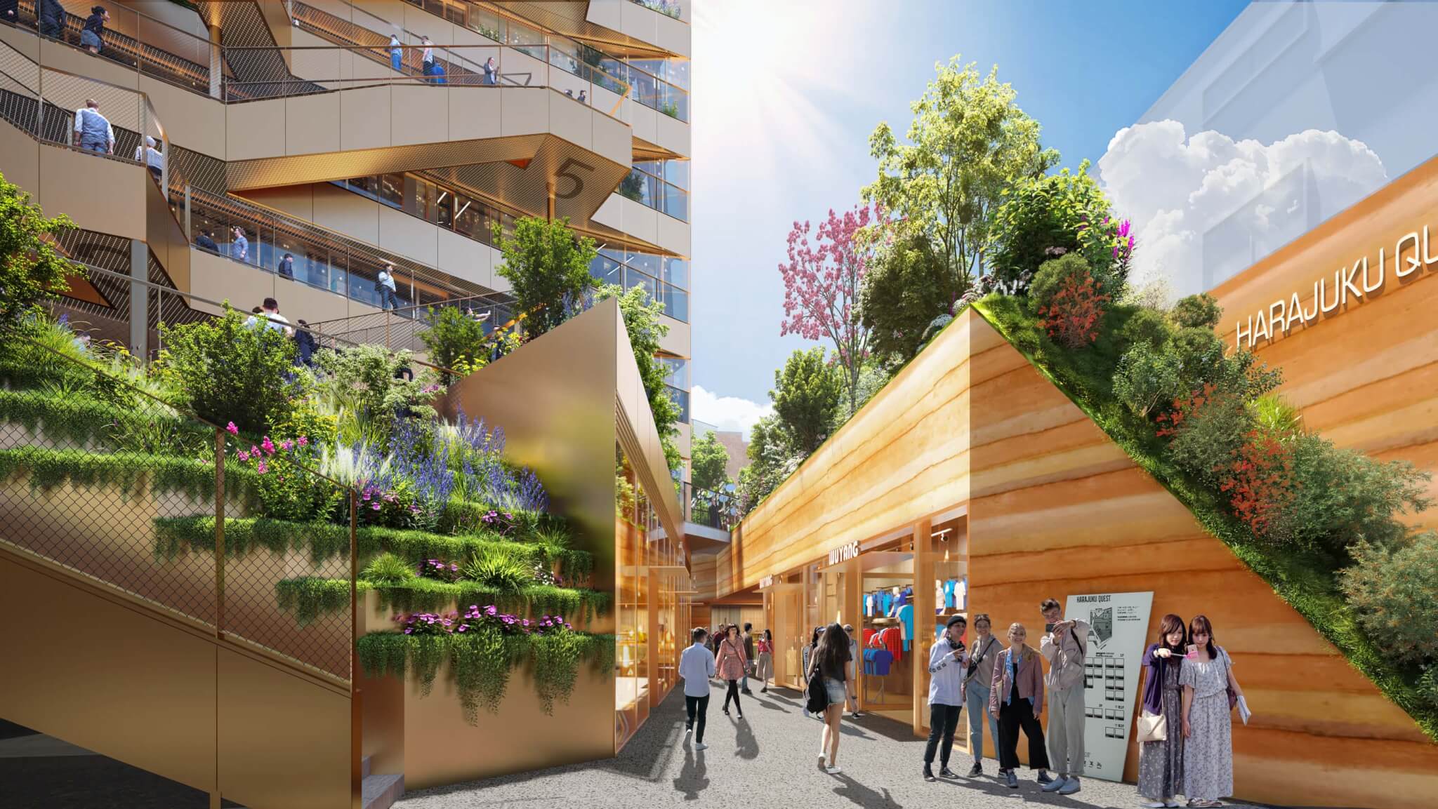 rendering of street level alley with shops