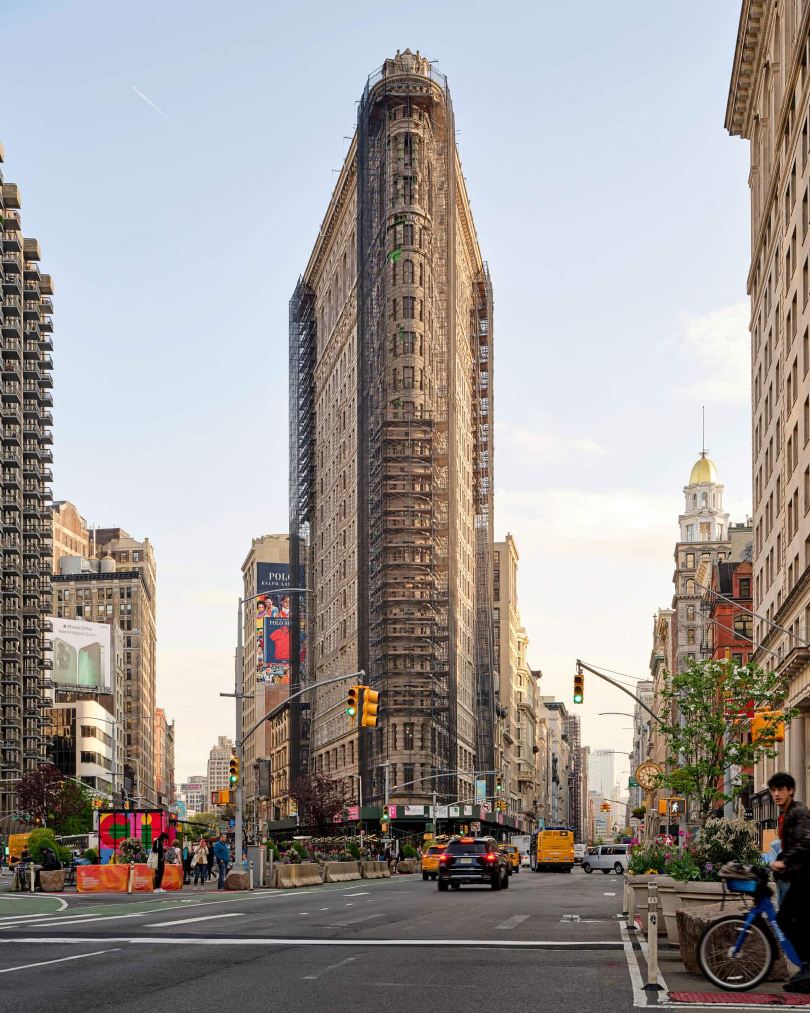 the flatiron building clad in scaffolding