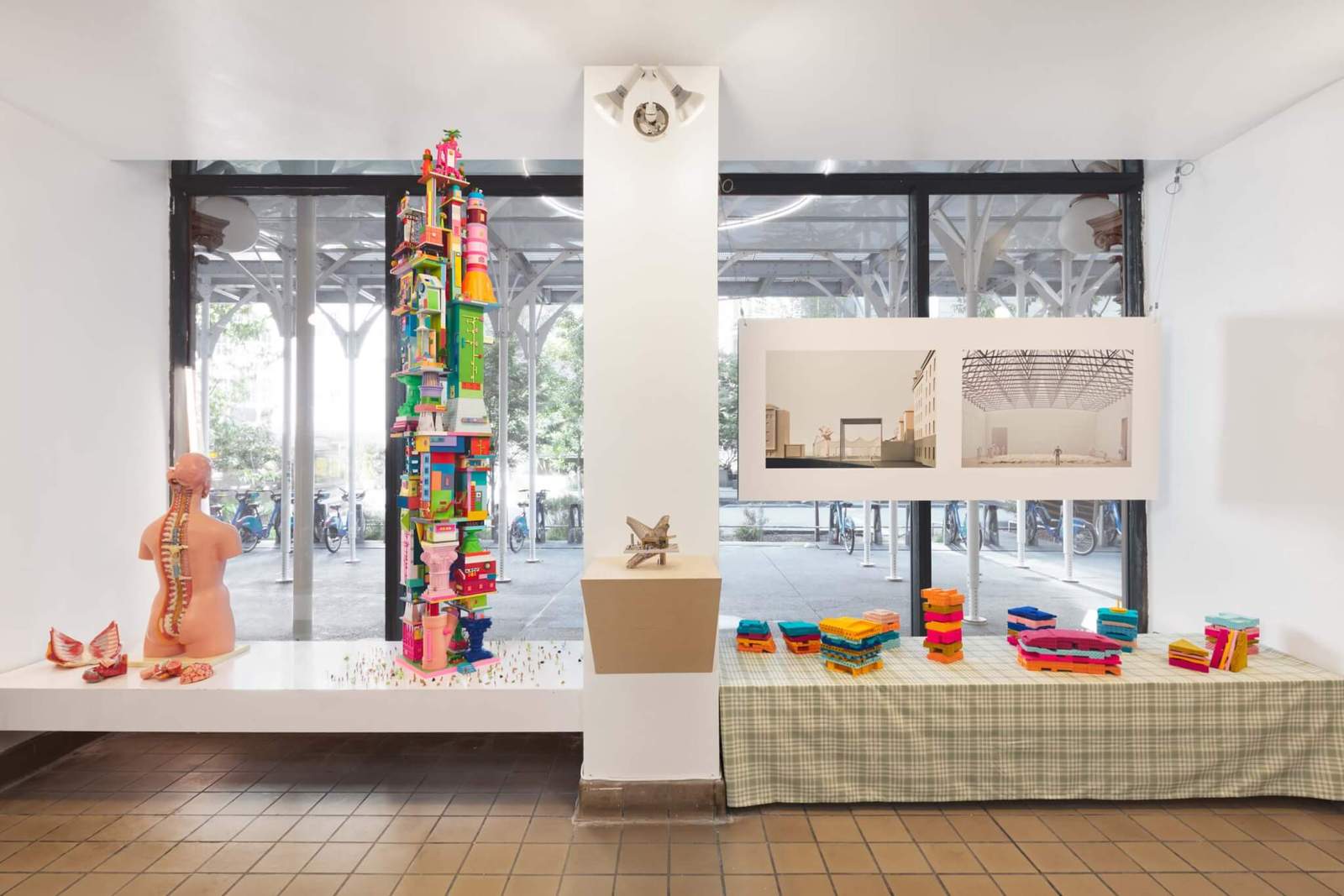 platforms and low-lying surface display colorful models on show