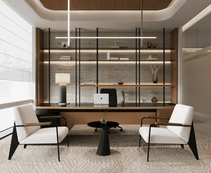 "Modern architectural office design featuring smart lighting, integrated shelves, and comfortable furniture."