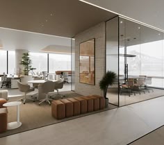"Modern architectural office design featuring open spaces, transparent glass partitions, and natural lighting."