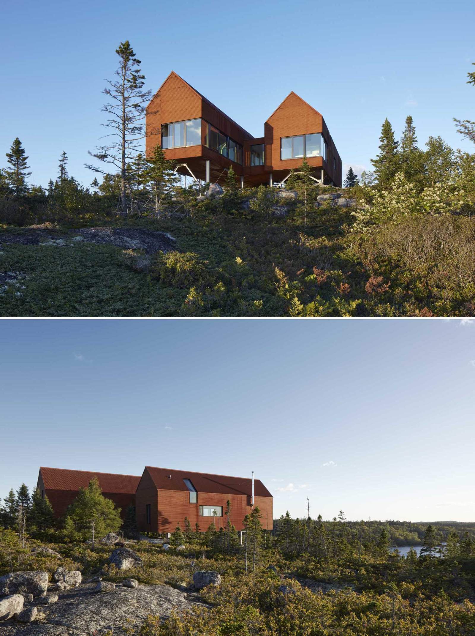 A modern house with weathered corrugated steel exterior and black window frames.