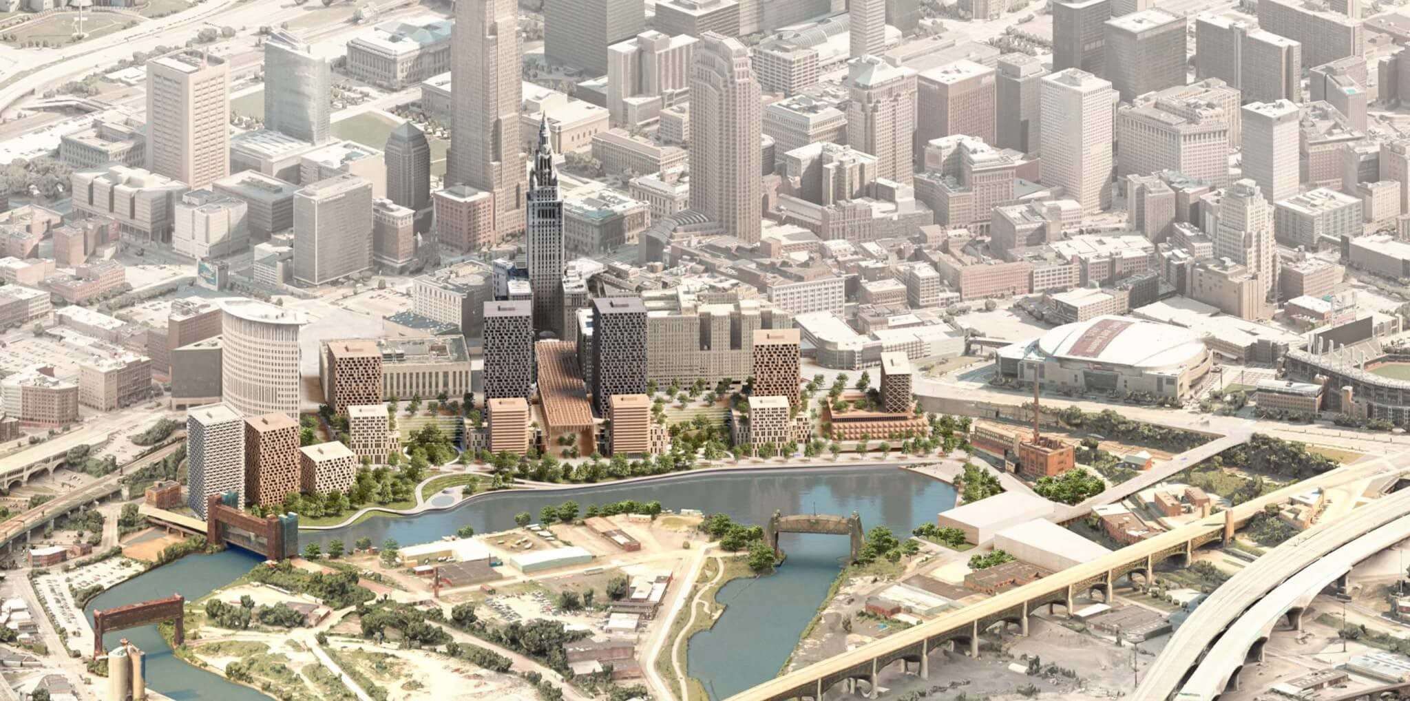 aerial view of the cleveland riverfront