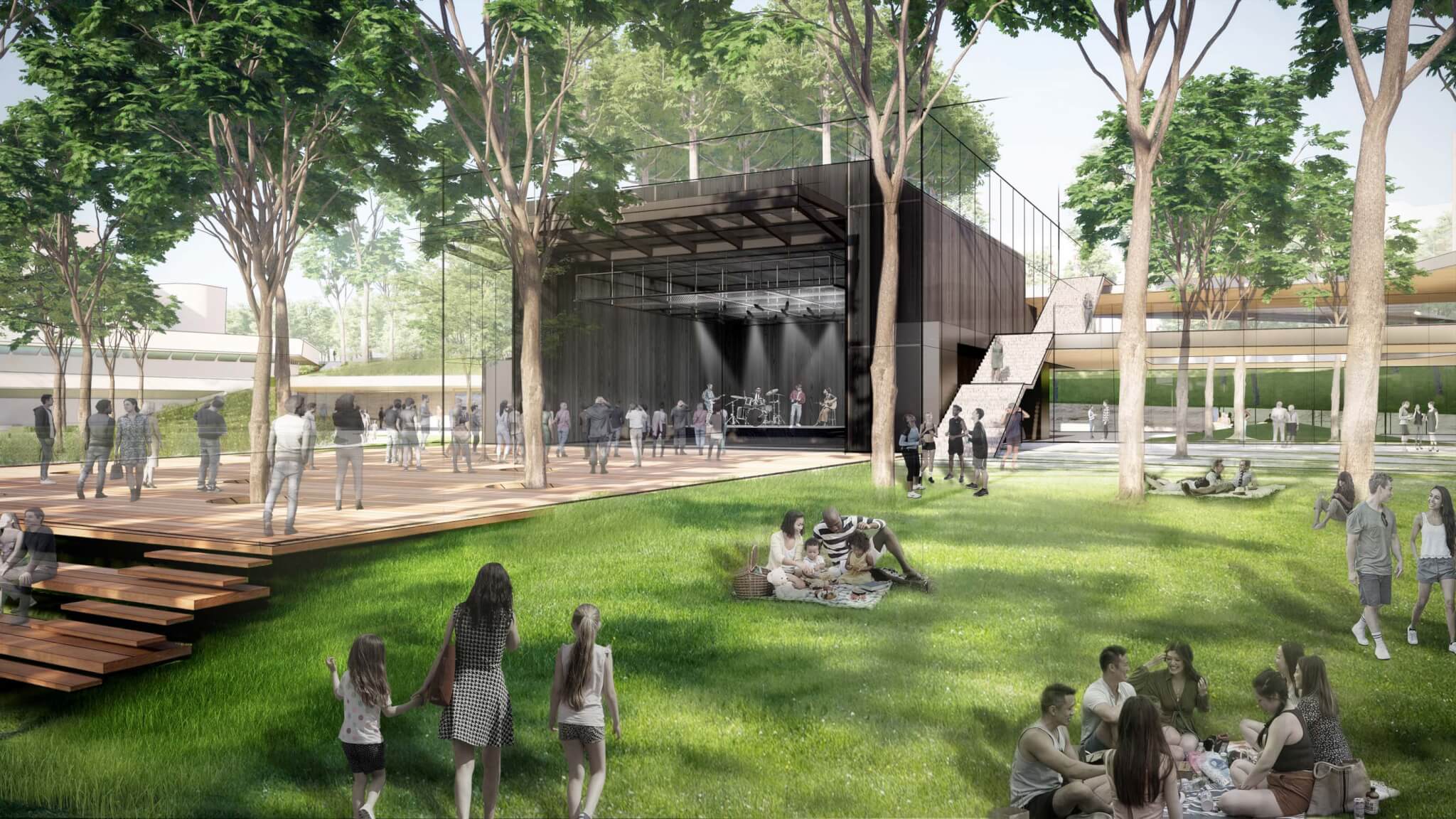rendering of black wood pavilion