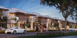 "Modern residential villas designed to meet Saudi building requirements, showcasing setbacks and green spaces."