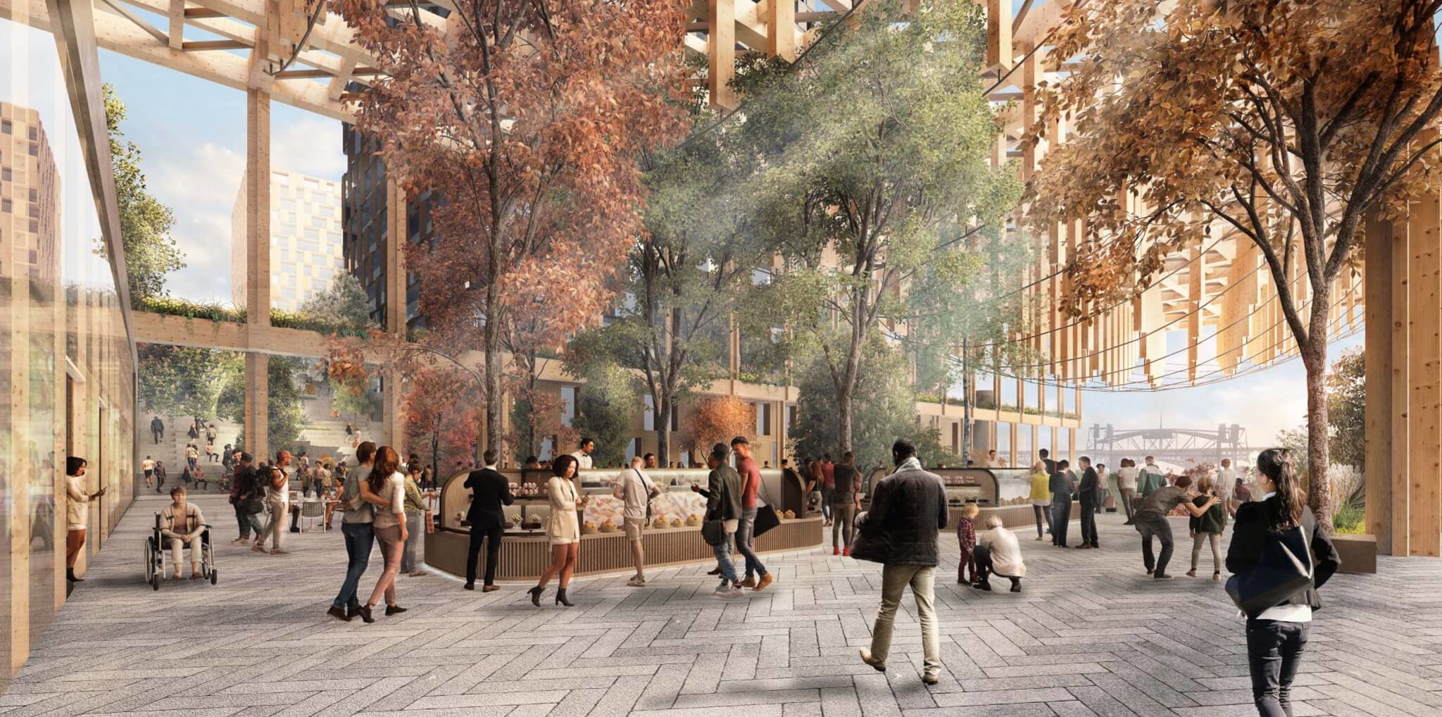 people walking around plaza with trees