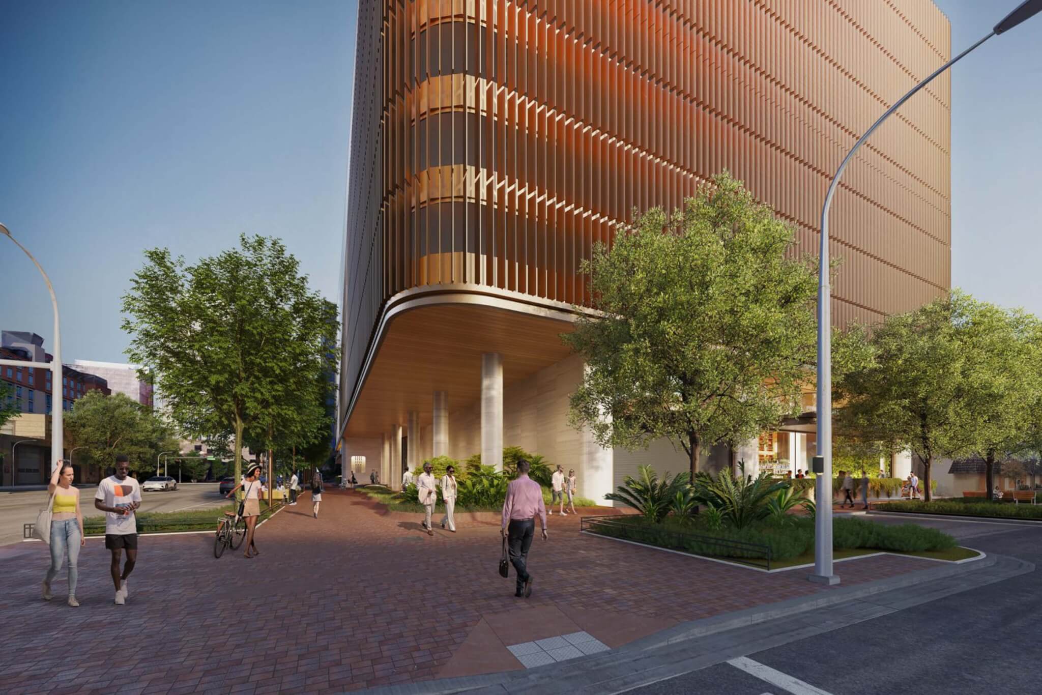 Street-level view of bronzy tower