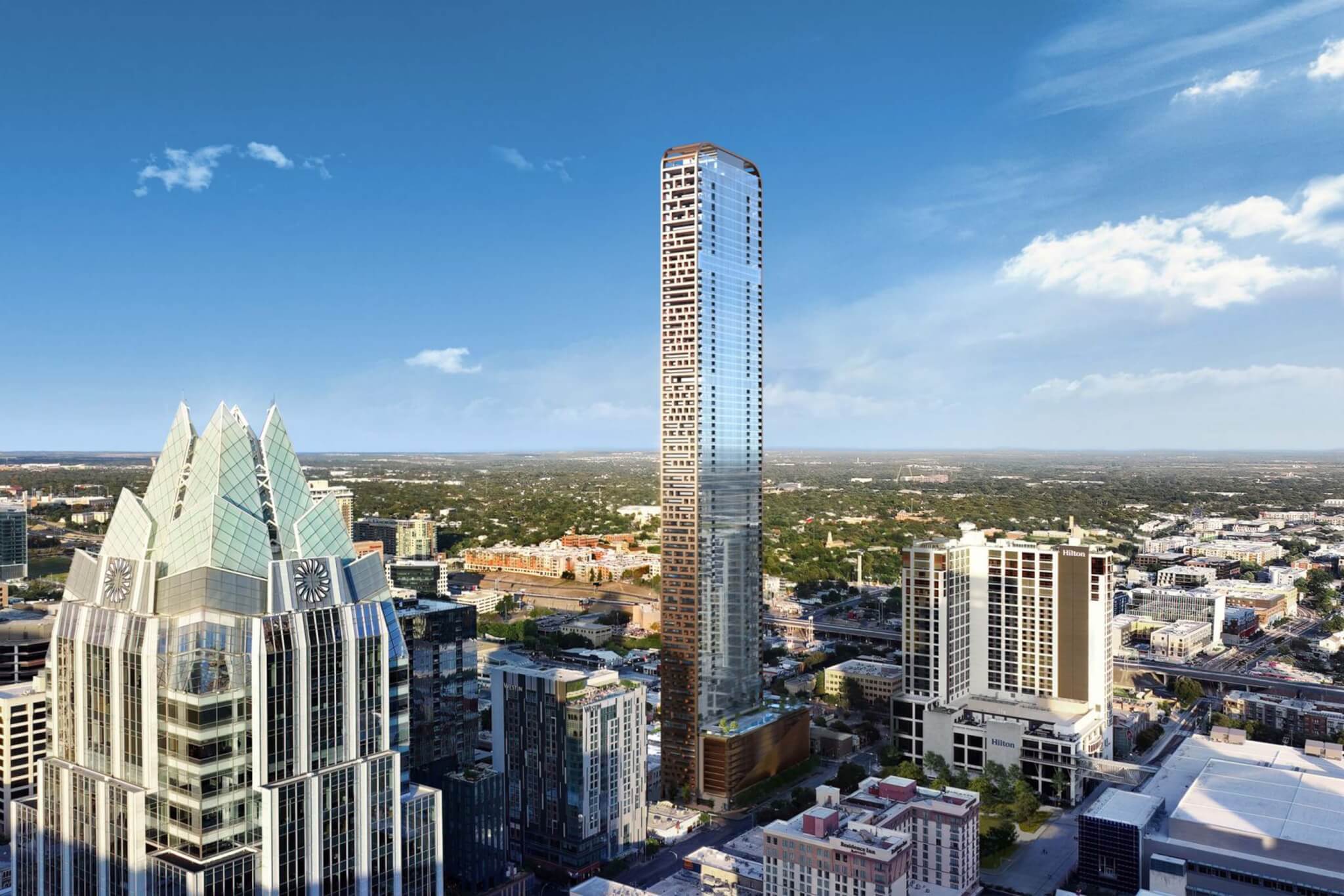 aerial view of tall glassy tower