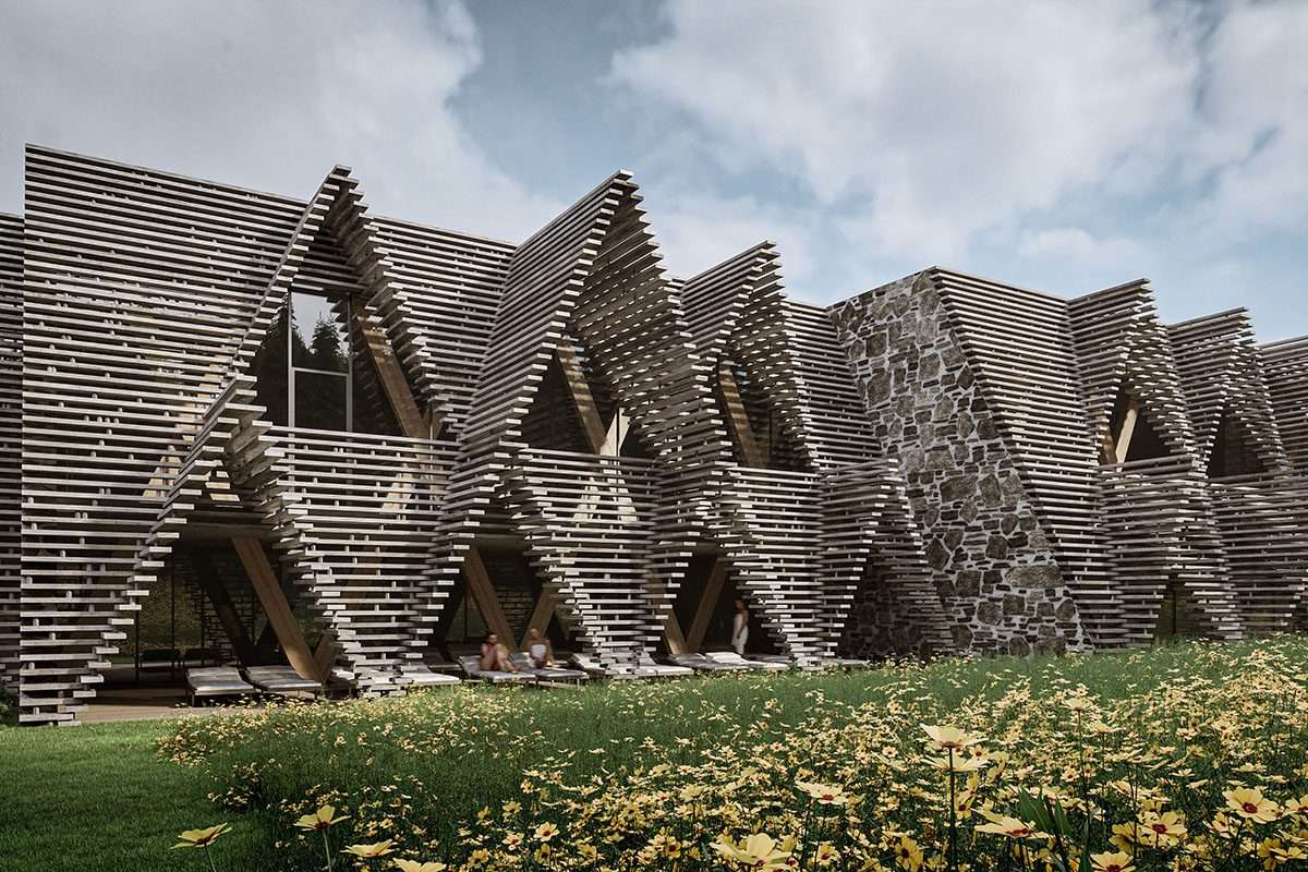 Unveiling of the Hotel Natura extension with a prominent triangular wooden façade in Rogla
