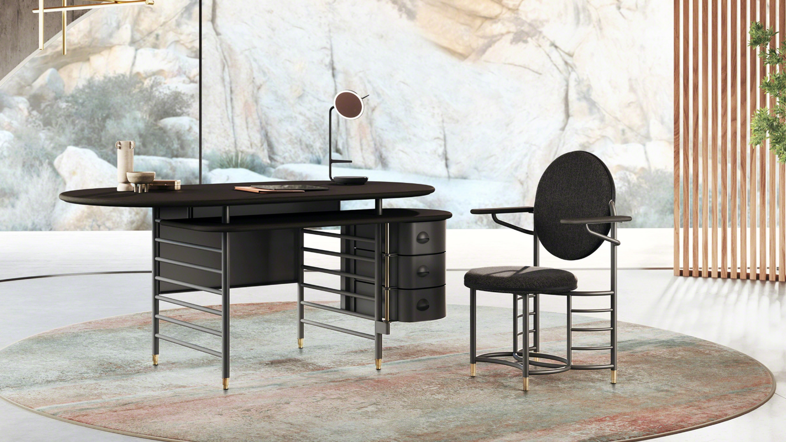 The Modern collection's Frank Lloyd Wright Racine Executive desk and Guest chair.