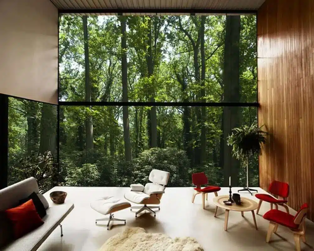 "Modern living room with panoramic windows offering a stunning view of the forest."