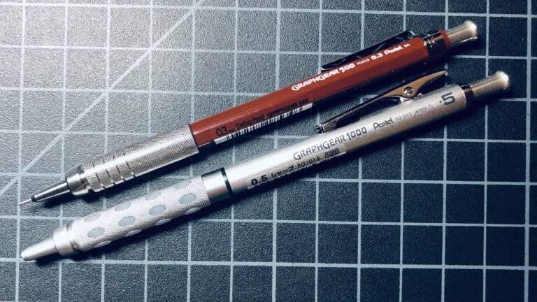Collection of mechanical pencils including GraphGear 1000 vs 500 for technical drawing
