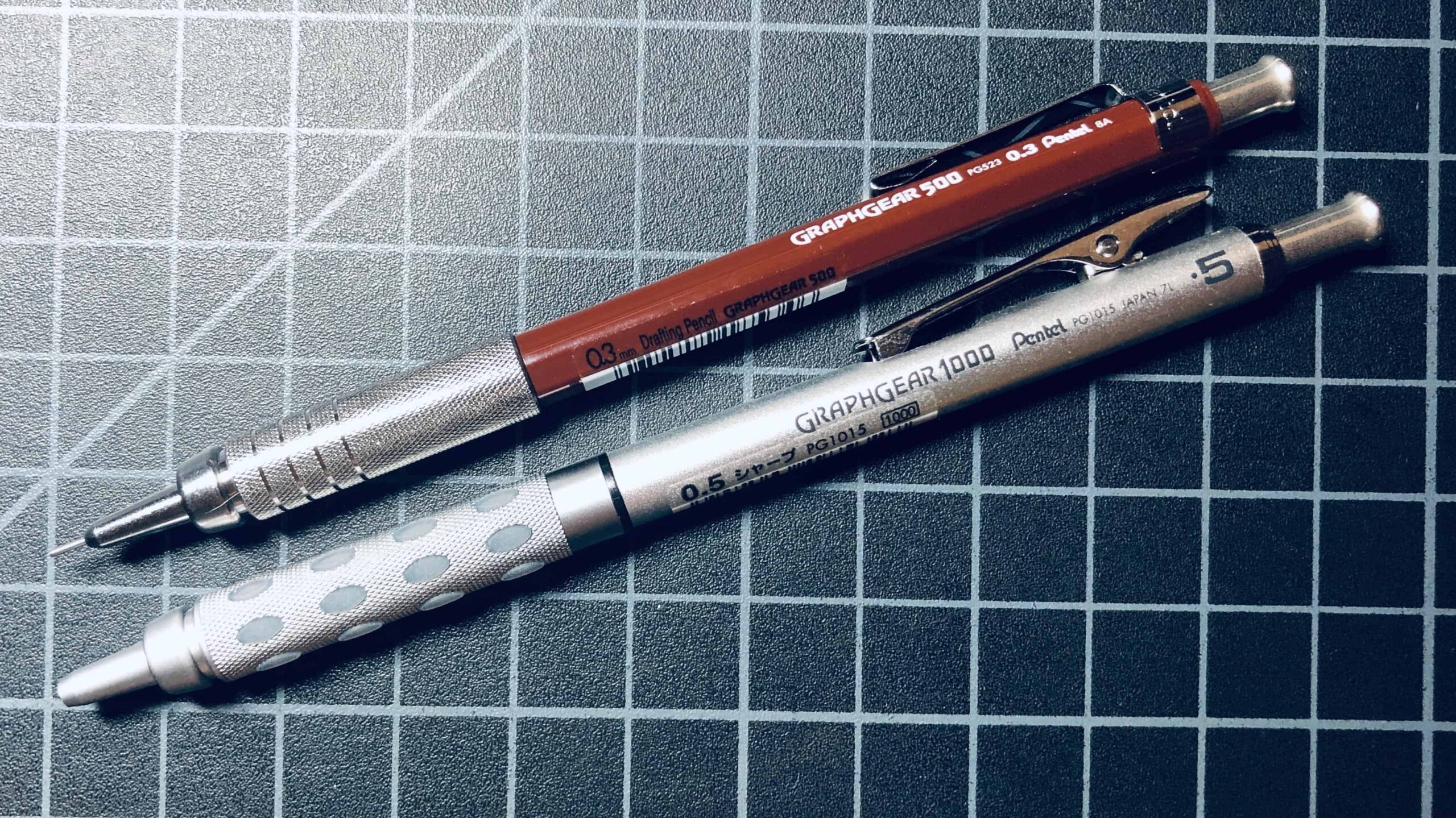 Collection of mechanical pencils including GraphGear 1000 vs 500 for technical drawing