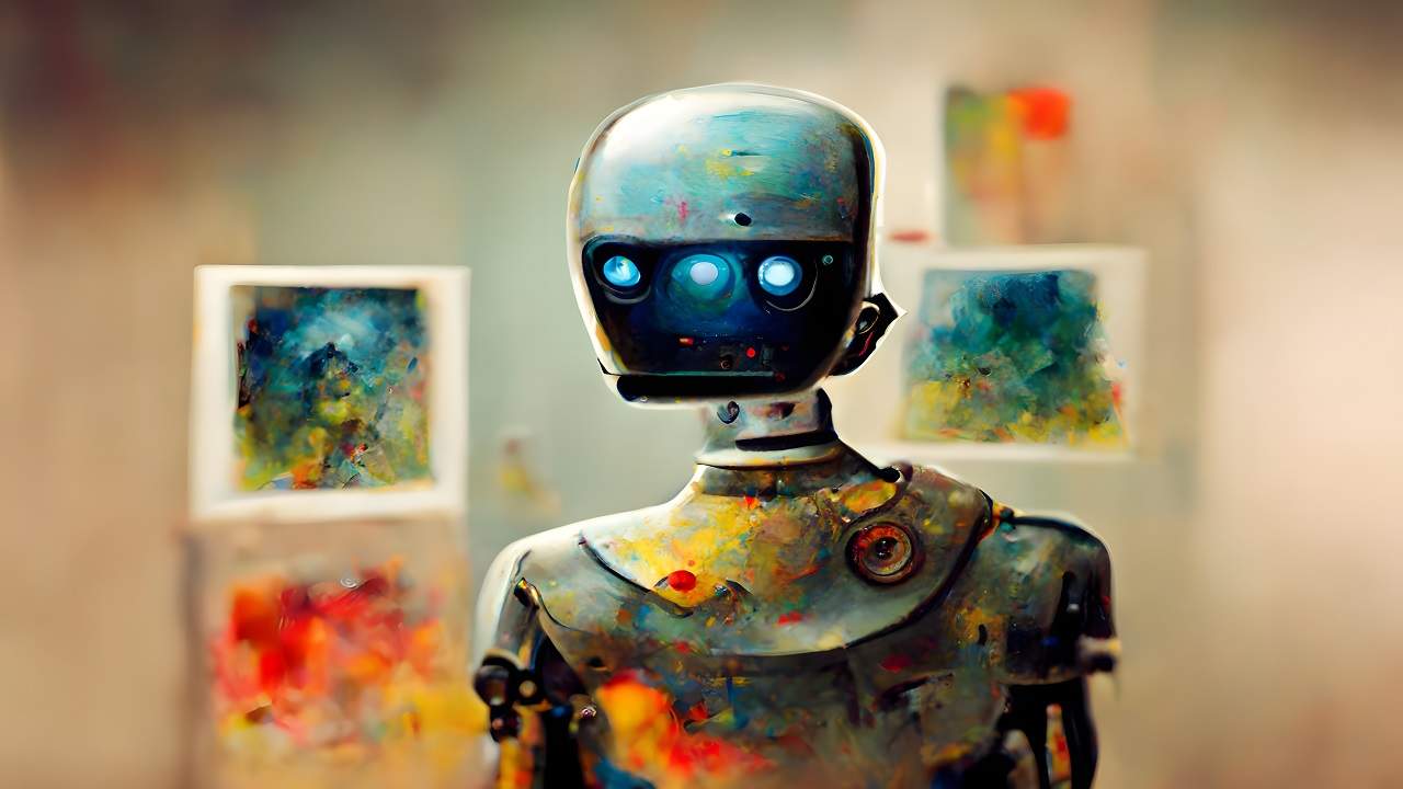 Why Artists Can't Be Replaced By Ai 2 White anthropomorphic robot artist near wall with its paintings, close portrait - neural network generated art, picture produced with ai in 2022. Why artists can't be replaced by ai conclusion.