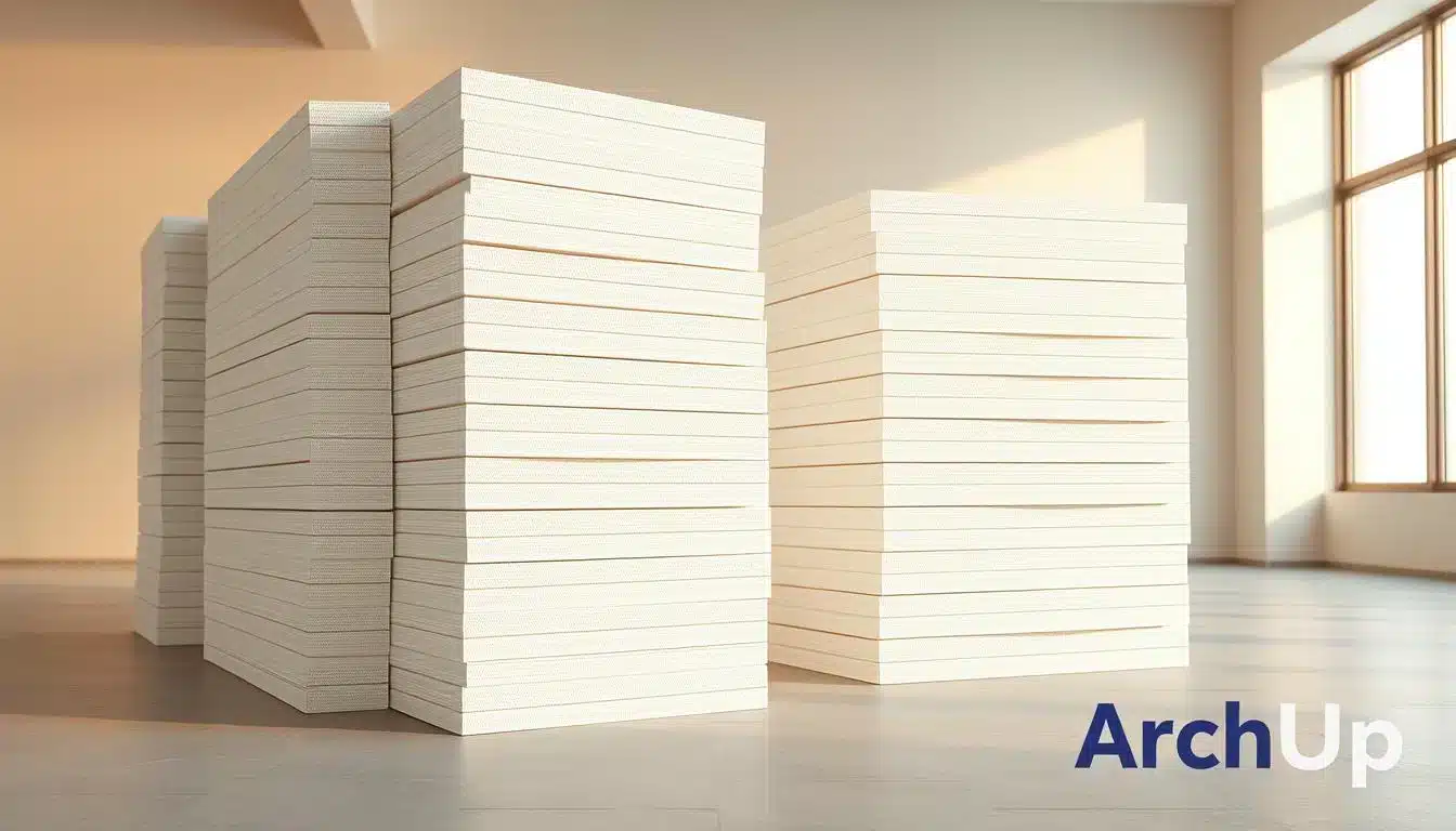 Stacks of gypsum board sizes in a naturally lit room