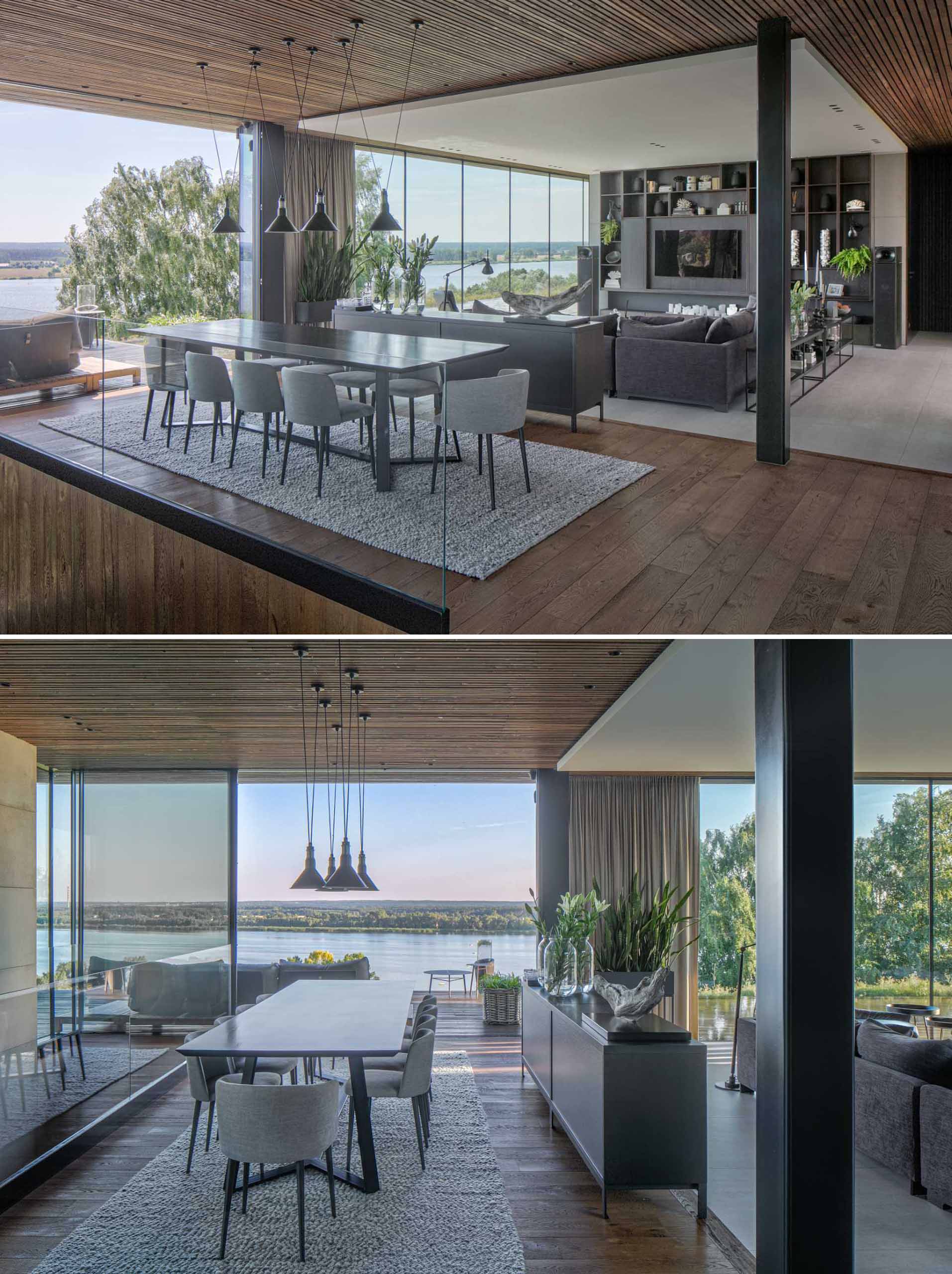 منزل حديث بسقف خشبي ومنطقة لتناول الطعام بمخطط مفتوح.