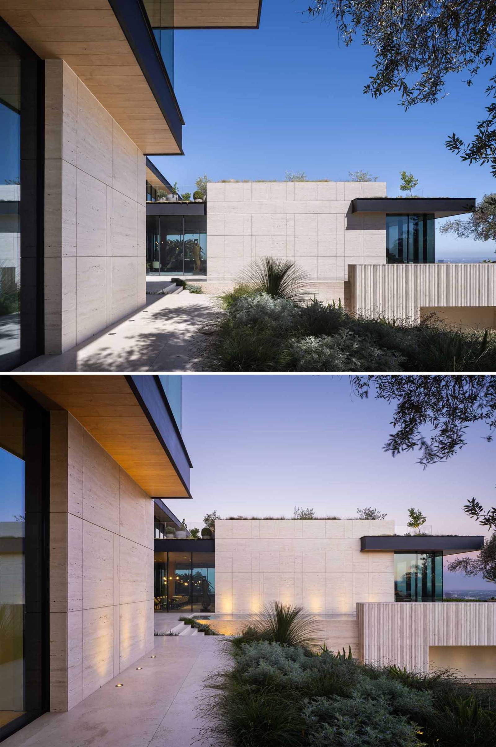 تبرز الإضاءة الخارجية ميزات التصميم والمناظر الطبيعية لهذا المنزل.