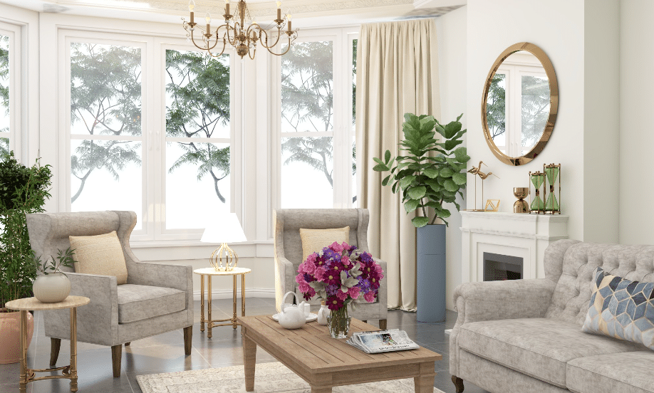 "A transitional living room design blending classic and modern elements with neutral colors and warm accents."