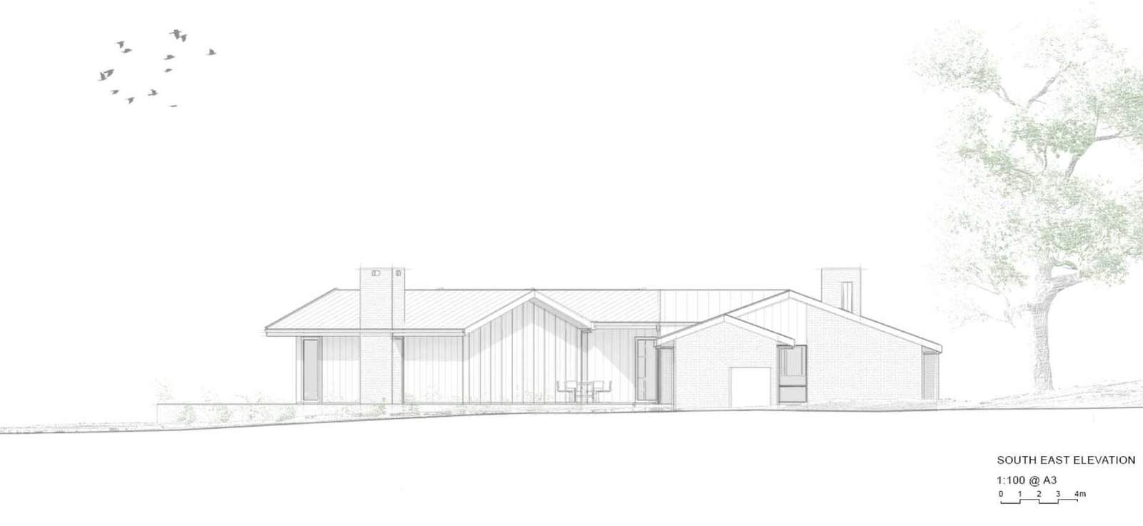 The south east elevation diagram of a remodeled modern farm house.