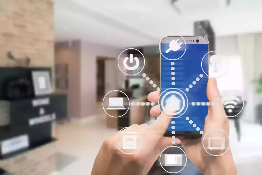 "Hand using a smartphone to control smart home devices remotely"