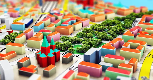 Sustainable urban planning showcases an integrated city with green spaces and energy-efficient buildings.