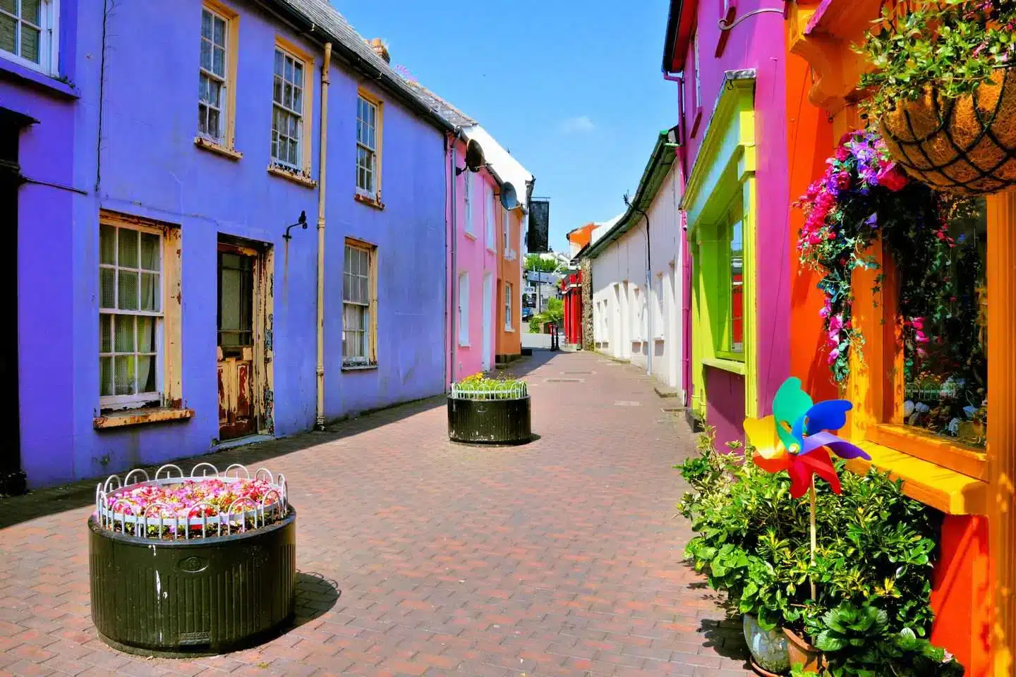 "A colorful street showcasing sustainable building materials in house designs, with natural decorations and plants adding an eco-friendly touch."