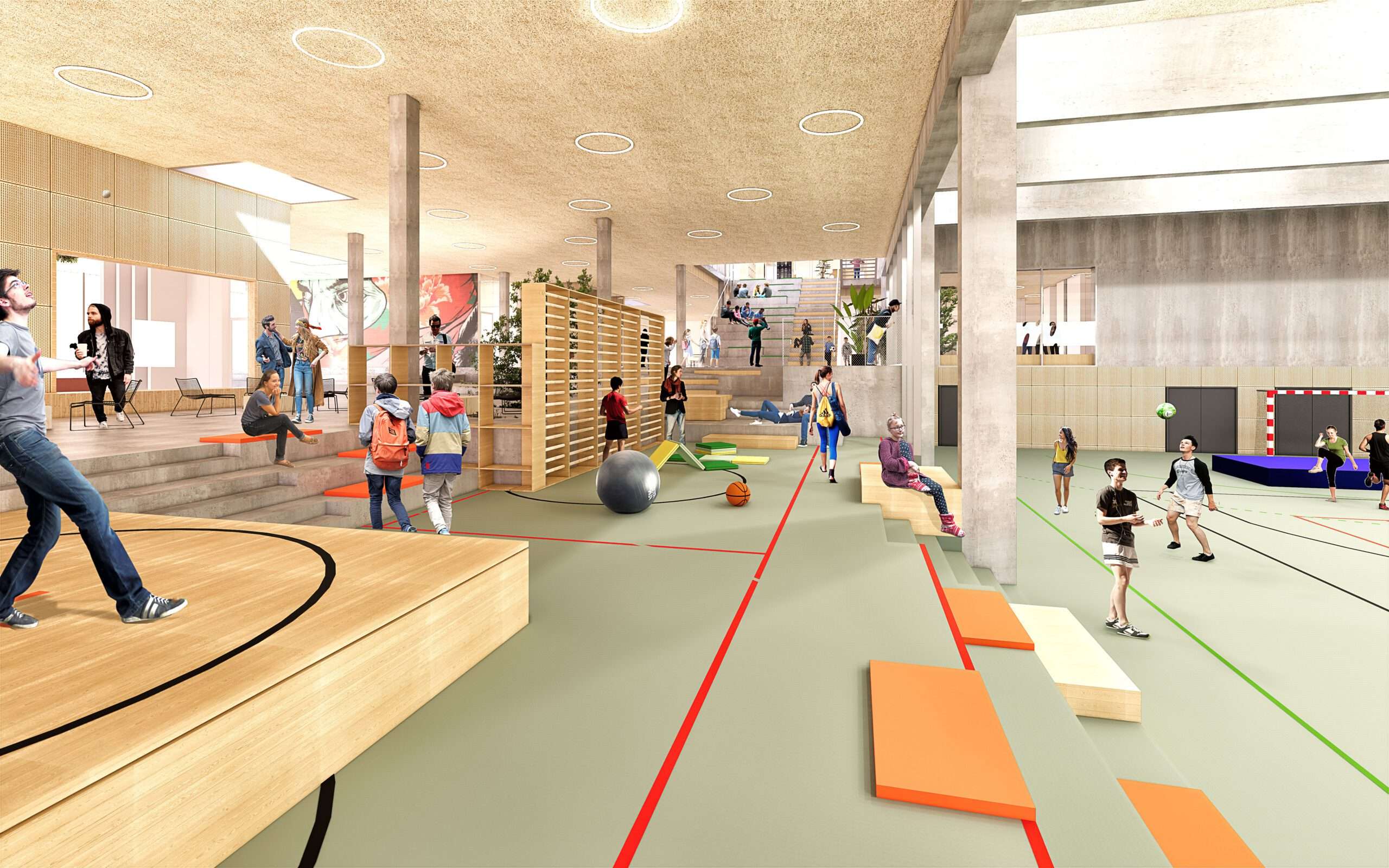 صالة الألعاب الرياضية Collage of Nordøst Amager School قيد الاستخدام ، والتي تتميز بمزيج متناغم من العناصر الخشبية والأثاث ، يبرزها الضوء الطبيعي الذي يغمر المساحة.