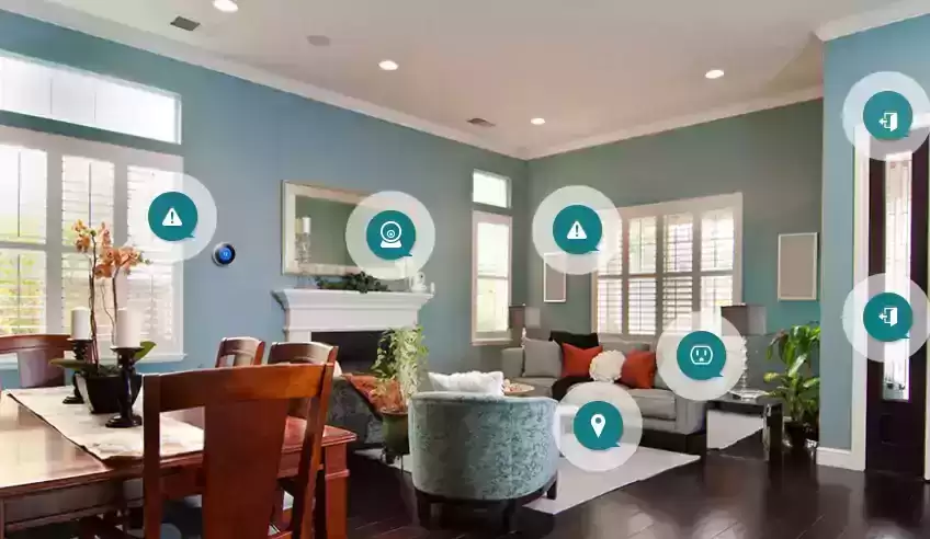 "Modern living room equipped with smart security devices for safety and comfort"