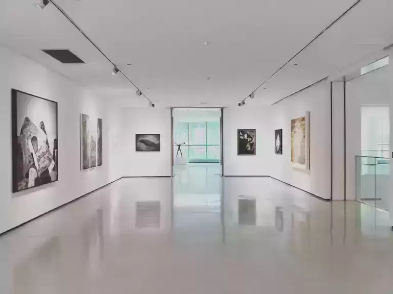 "A modern art gallery with a clean, minimalist design featuring various artworks displayed on white walls, complemented by soft lighting that enhances the beauty of the pieces."