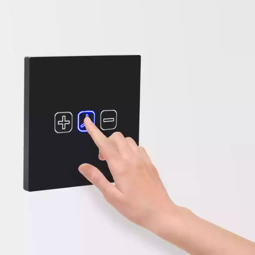 "Hand pressing a smart switch on the wall to control lighting"