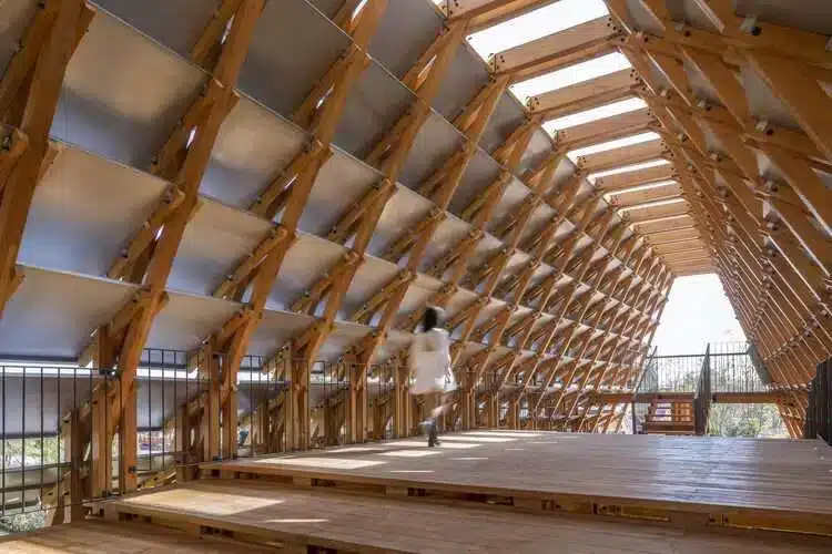 "A sustainable wooden ceiling structure showcasing an innovative and eco-friendly design."