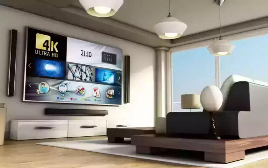 "Modern living room with a 4K TV for an luxurious entertainment experience"