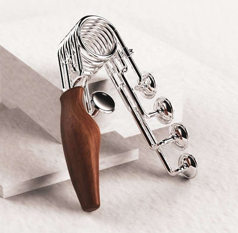 two yahamas, one passion sculpts a hand gripper that can be manipulated like a saxophone