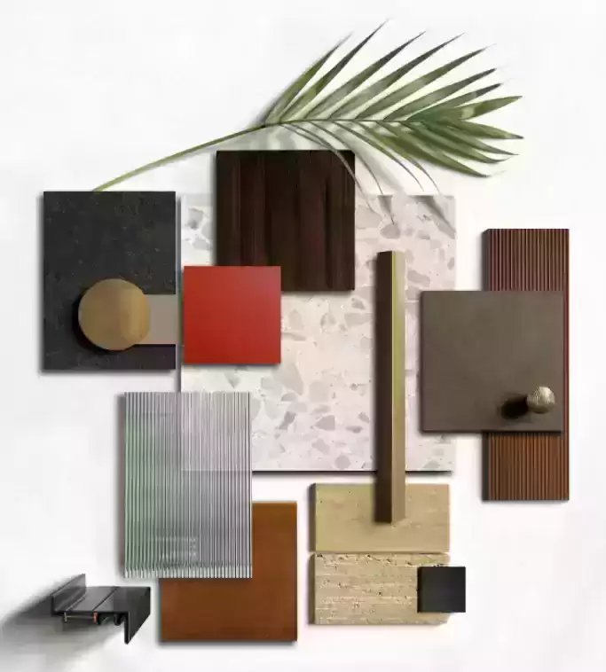 A variety of interior design materials showcasing different textures, colors, and finishes used in decor.