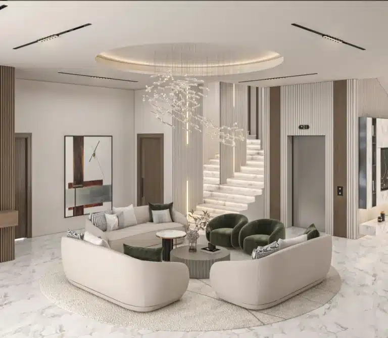 "Modern living room with stucco walls creating a luxurious and contemporary look."