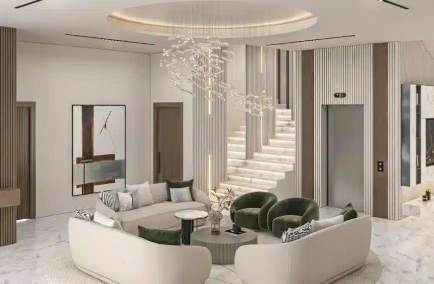 "Modern living room with stucco walls creating a luxurious and contemporary look."